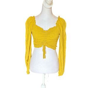 Japna Smocked Long Sleeve Crop Top Golden Yellow Womens Size XS